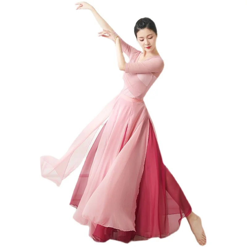 Classical Dance Skirt 720 Degrees Flowing 2 Layers Long Chifon Maxi Skirt Ethnic Style Stage Performance Classical Dance Costume