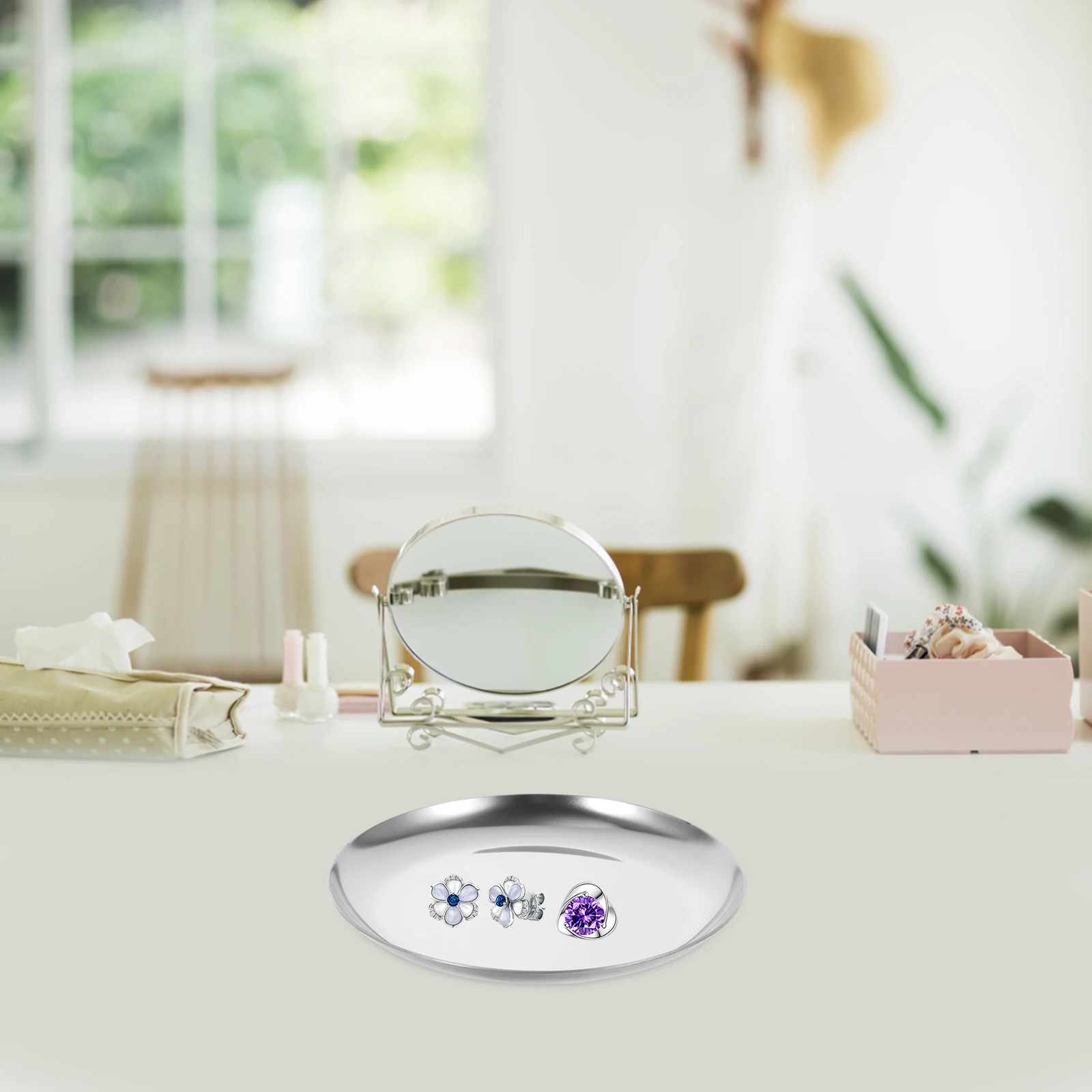 

Metal Round Jewelry Tray Organizer Small Stainless Steel 430 Holder Ring Necklace Storage Dish Decorative Nordic Style