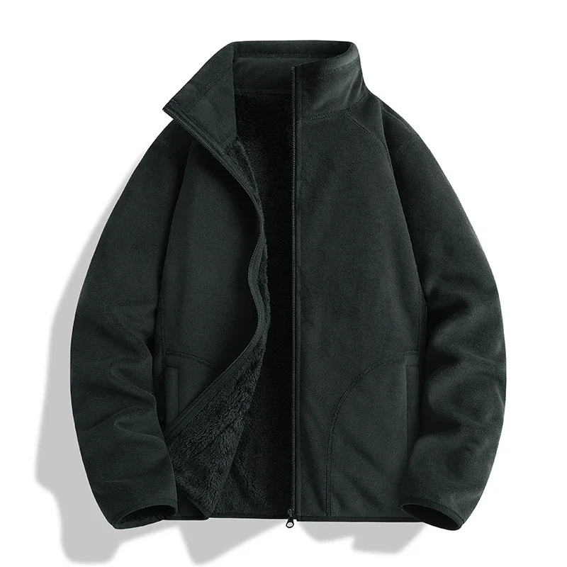Herbstliche, leichte, beidseitig gefütterte Fleecejacke, Unisex, mit Stehkragen, dick, warm, mit flauschigem Innenfutter, Herren- und Damenmodell, thermische Oberbekleidung. – Detail 11