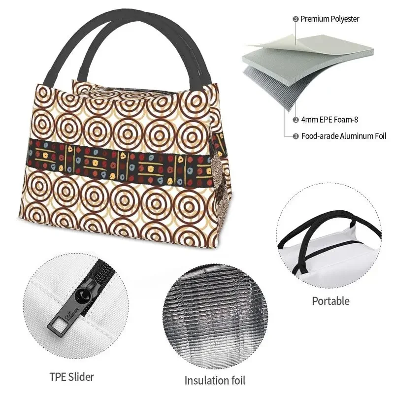 African Brown Kitenge Fabric Print Insulated Lunch Bag for Work Office Kanga Portable Thermal Cooler Bento Box Women