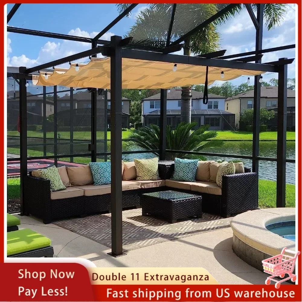 Awning,10' X 10' Outdoor Retractable Metal Awning with Canopy Patio Pergola with Shade Cover for Garden Yard deck