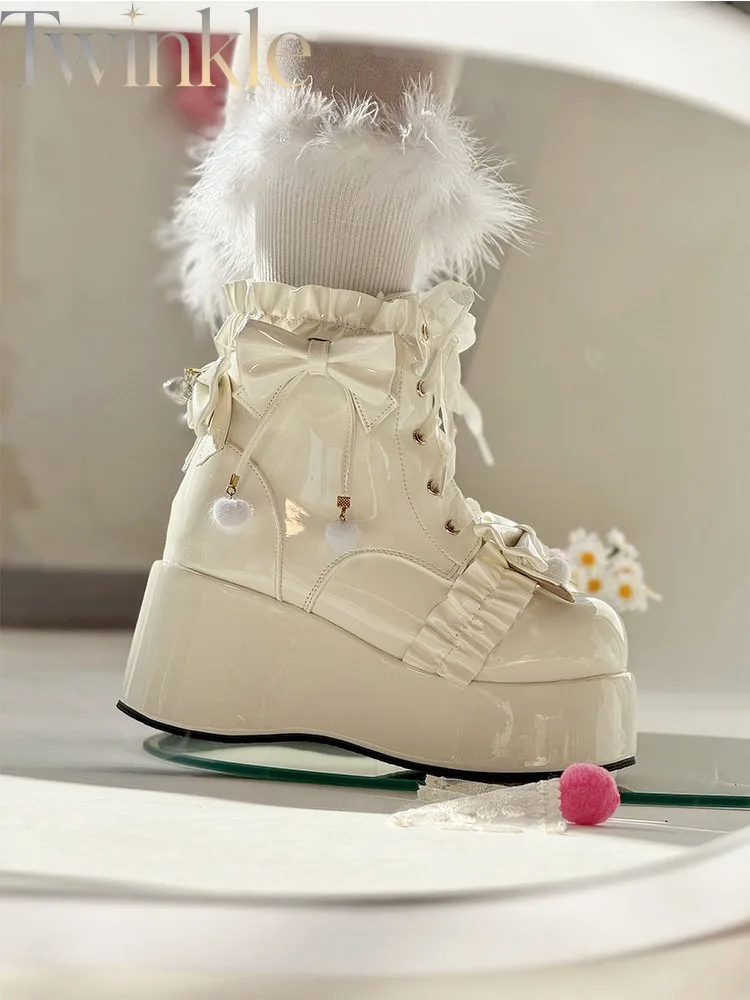 Sweet Lolita Ankle Boots Women Platform Round Toe Fleece Lined Warm Kawaii Japanese Chunky Booties Winter Footwear
