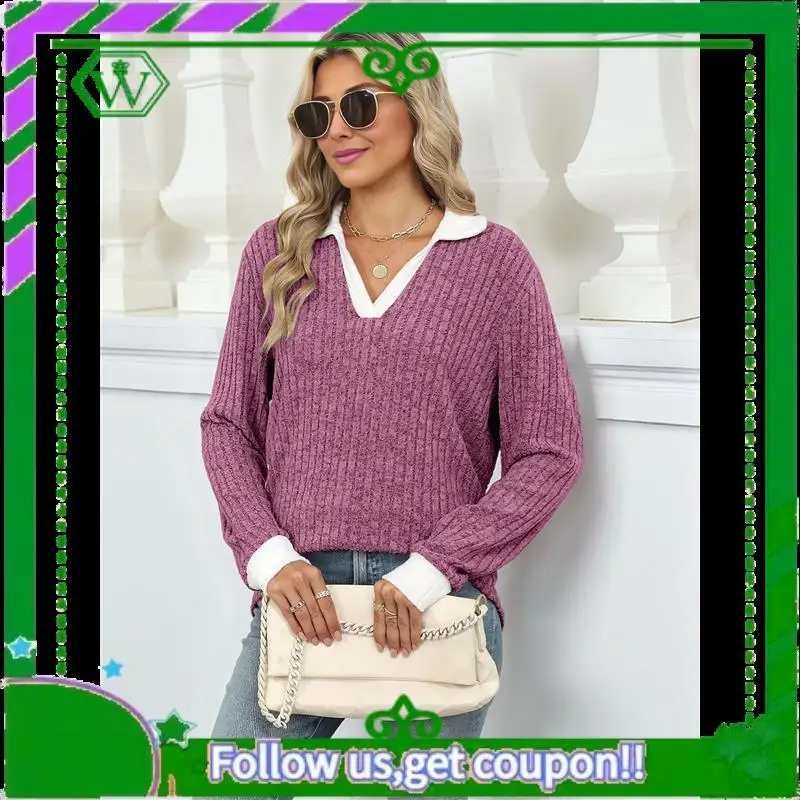 

A18P-Women's V Neck Sweaters Pullover Color Block Collar Long Sleeves Loose Fit Casaul Tunic Tops Shirts