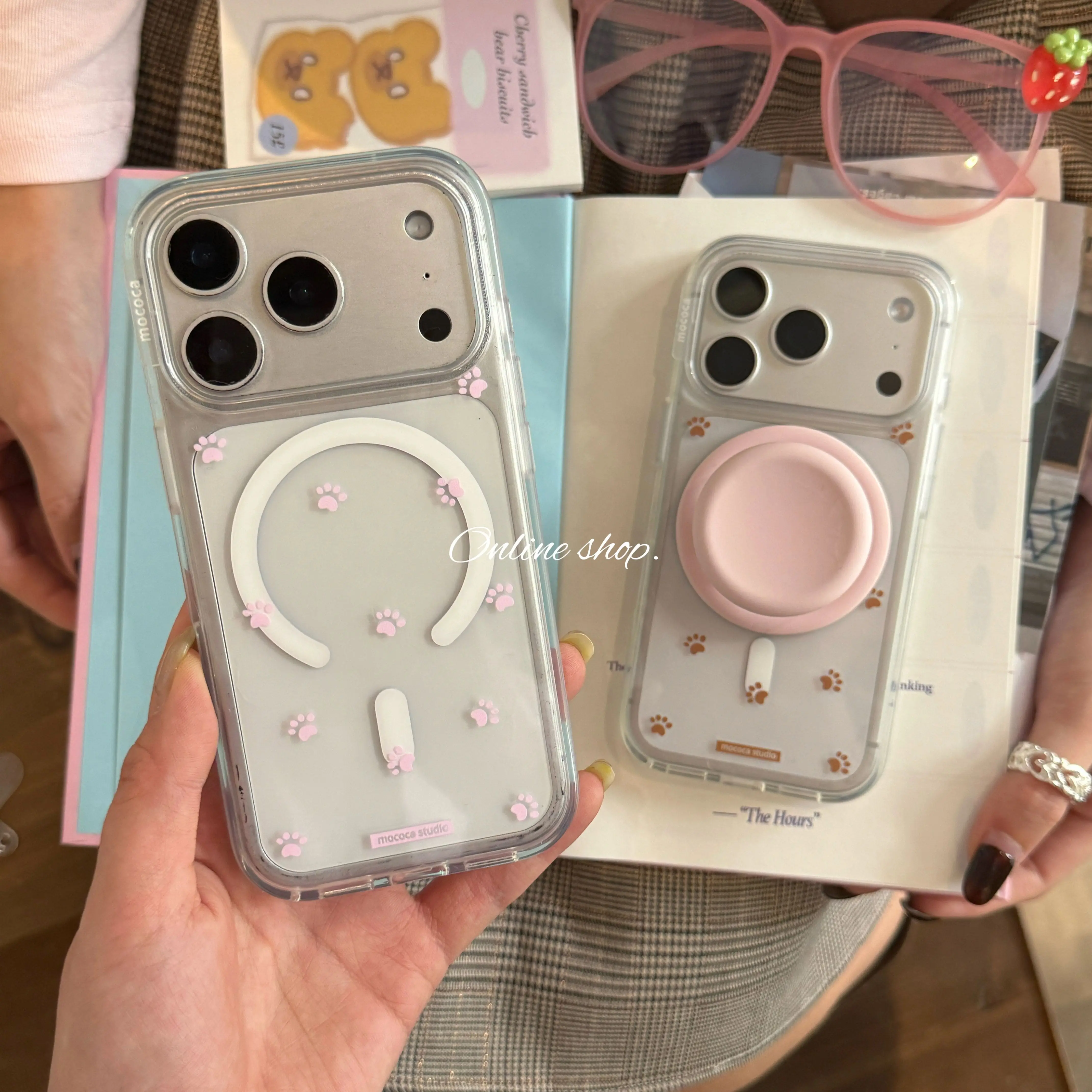 Korean Ins Pink Brown Full Screen Paw Kitten Phone Case For Magnetic iPhone 17 16 15 14 13 12 11 Pro XR X Max 7 8 Plus Cover