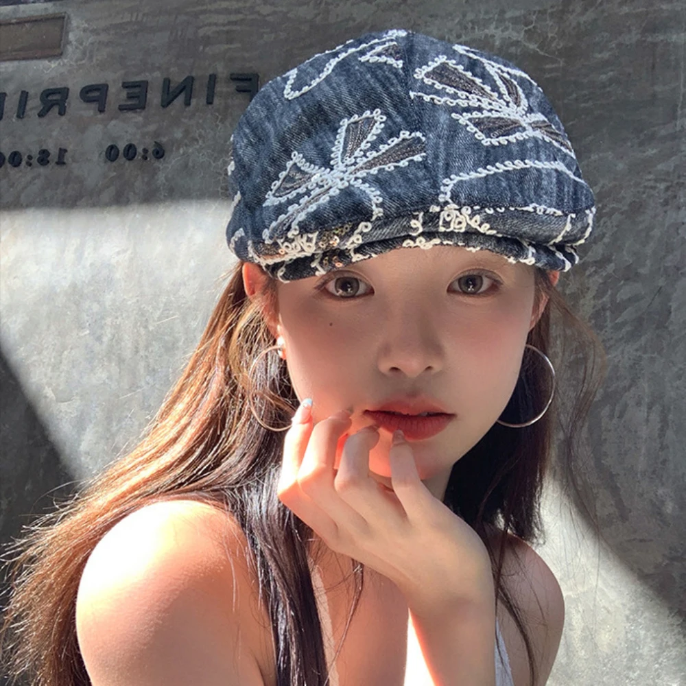 HT4833 Herren Berets Frauen Vintage Künstler Maler Baskenmütze Hut Männlich Weiblich Pailletten Ivy Flache Kappe Frühling Sommer Herbst Denim Baskenmütze Kappe – Detail 16