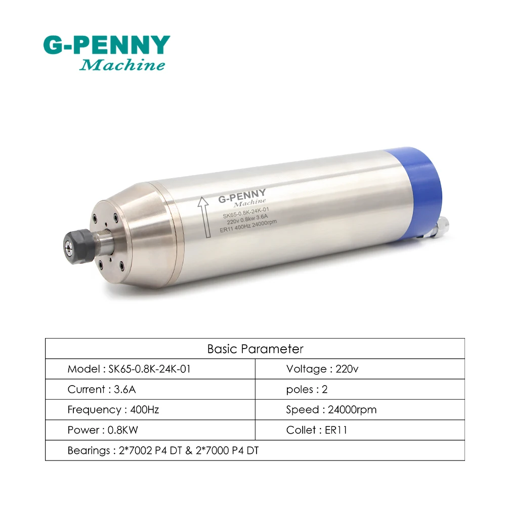 G-PENNY 0.8kw ER11 Metal Spindle Water Cooled spindle Motor 400Hz Pole=2 &1.5KW FL Inverter &65mm Bracket &75W Water Pump