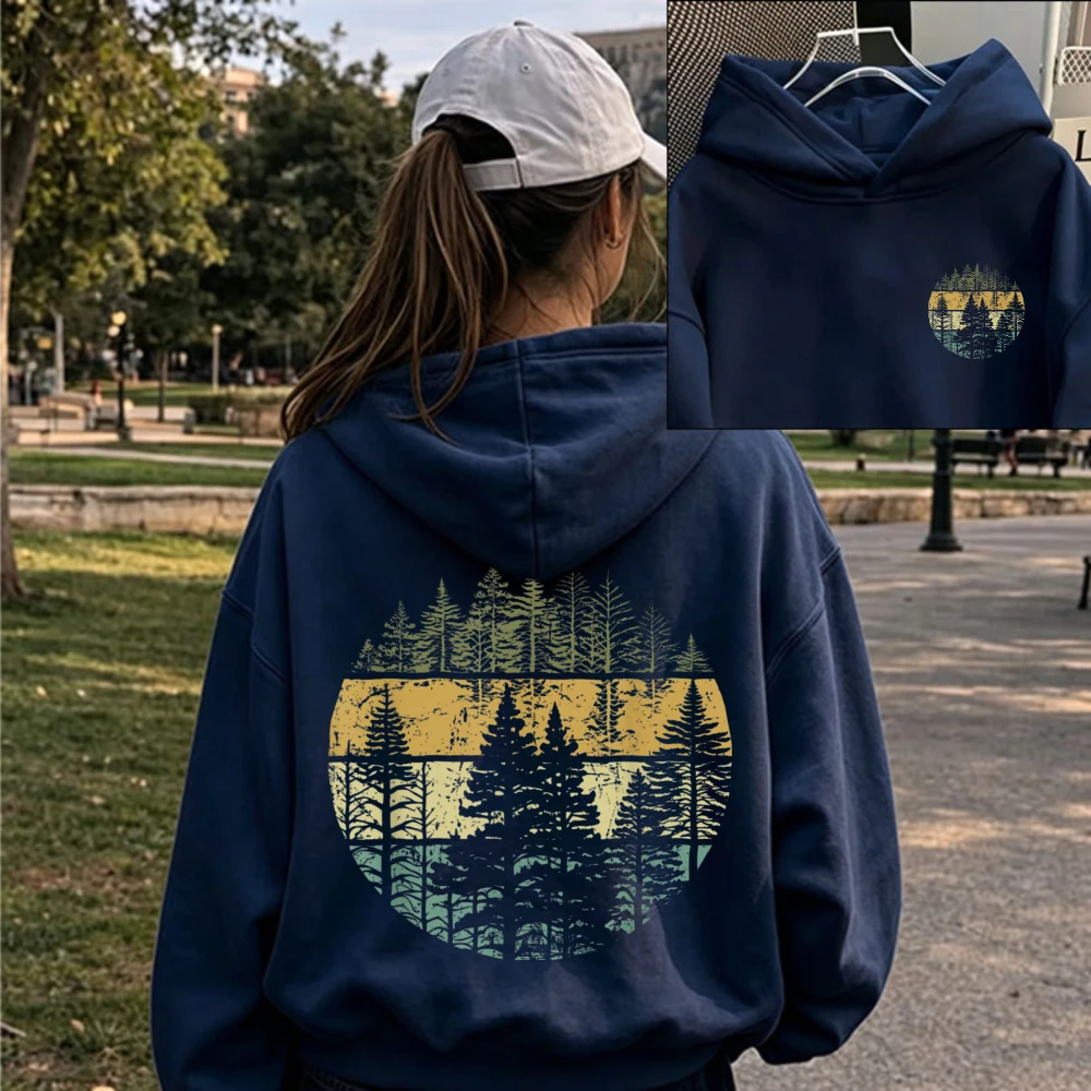 Vintage Forest Pine Tree Hoodie Sunset Mountain Nature Graphic Front Back Print  Pullover Casual Outdoor Wilderness Adventure
