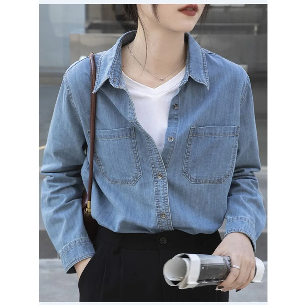 Blus Fashion wanita, kemeja Denim Retro panjang setengah katun longgar lengan panjang, Atasan musim gugur baru kerah jaket tipis kancing sebaris