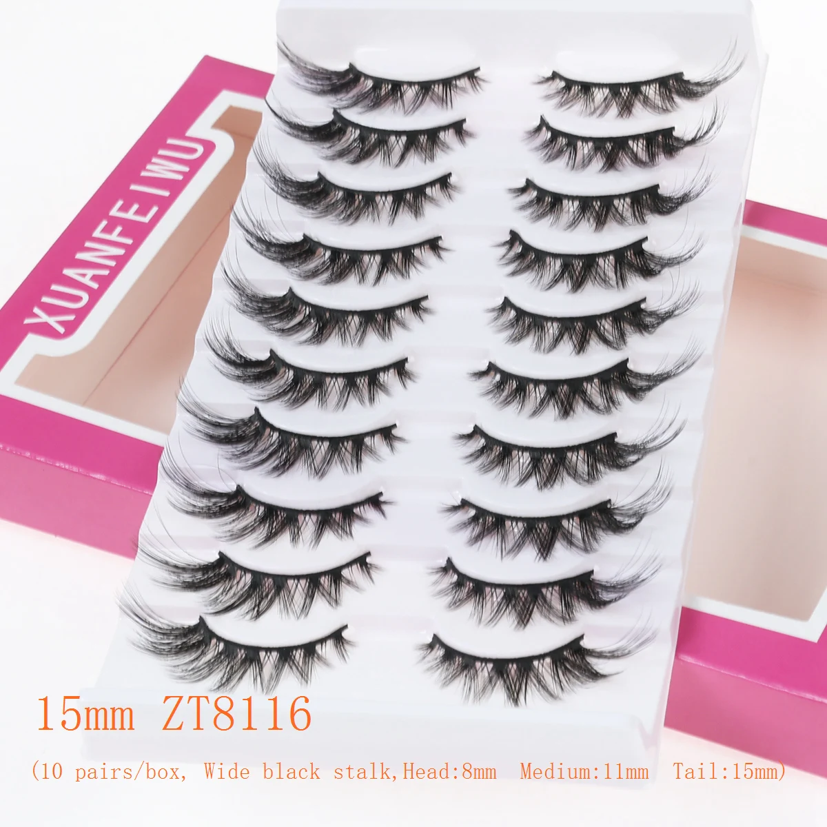 Xuanfeiwu ふわふわクラスターラッシュ、フルストリップ、外側の角に細く長く、前が短く後ろが長く、硬い茎付きの自然でリアルなつけまつげ、クロスクラスターラッシュ、濃密なフォックスアイラッシュ