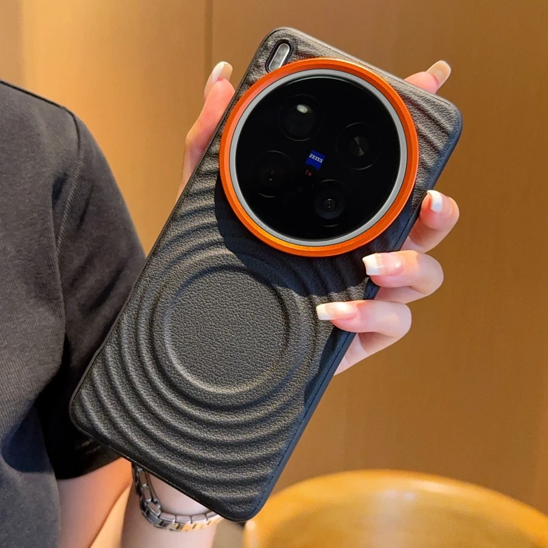 Etui na Vivo X200 X200S Pro Mini Ultra Magnetyczne Wzorzyste Skórzane Pomarańczowe Ochrona Obiektywu Miękki TPU Tył