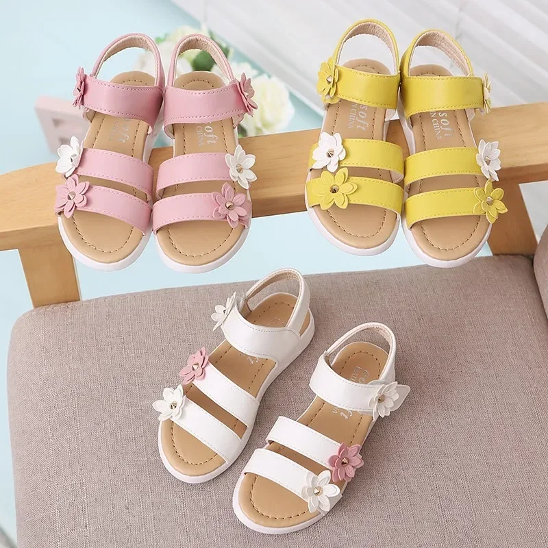 Girls Sandals Gladiator Flowers Sweet Soft Children Beach Shoes Kids Summer Floral Sandals Princess Fashion Cute High Quality