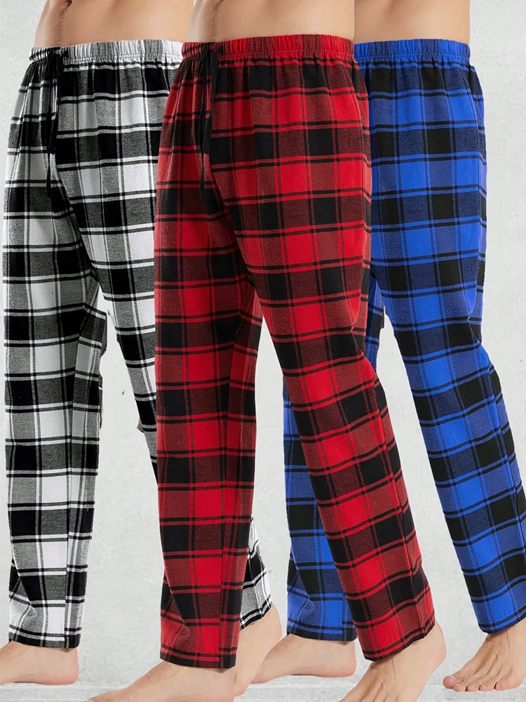 Men\'s Sleep Bottoms Fashion Plaid Pajama Pants Lace Up Elastic Home Casual Trousers Loose Comfortable Straight Leg Yoga Pants