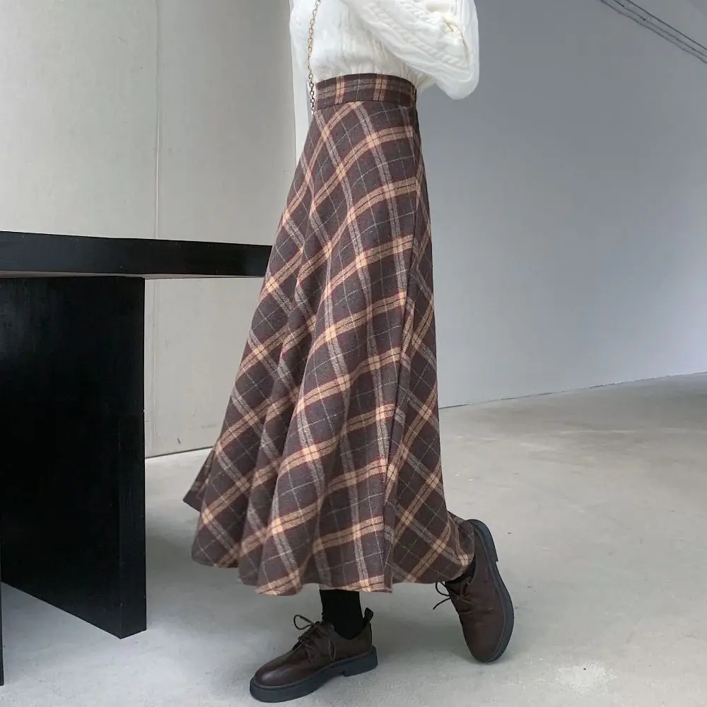 Ins-Style, hochtaillierter, kariertes Retro-Rock, Winter, Herbst, schmal geschnitten, langer Rock mit hoher Taille, ästhetisches, klassisches A-Linien-Halbkleid, Herbst – Detail 7