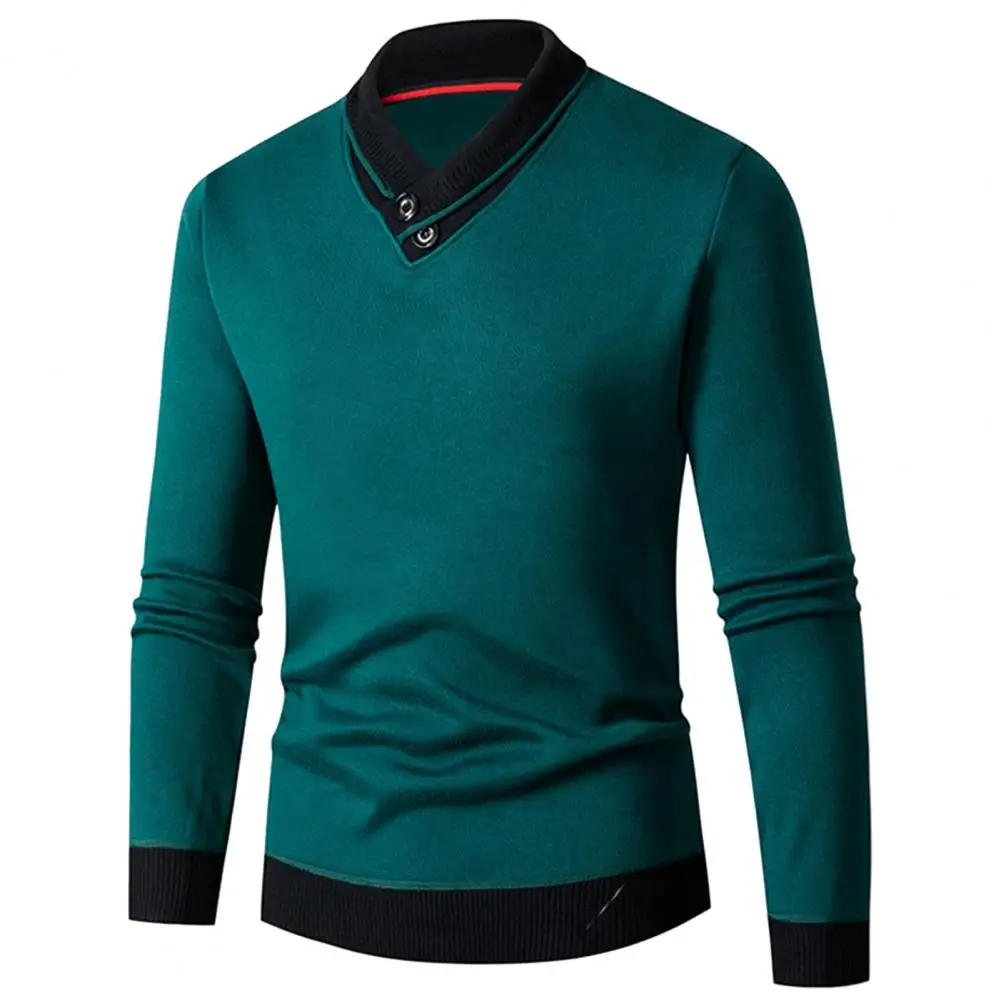 Slim Fit Sweater Men\'s V Neck Knitted Sweater with Thick Elastic Warmth Slim Fit Pullover Contrast Colors Mid Length for Autumn