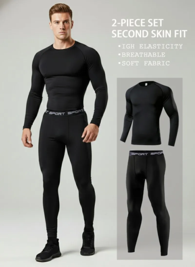 Men's High Elasticity Gym Outfit - SPORT 2-Piece Set (Top + Pant), Compression Fit for Training, Athletic Wear for Daily Perform