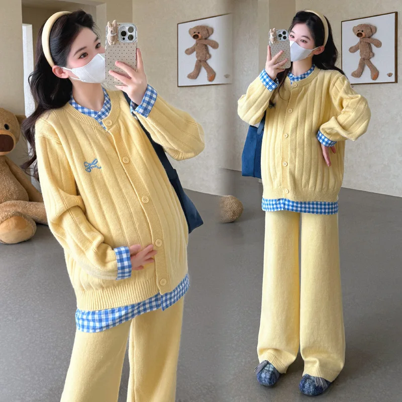 Maternity Suit Autumn Winter Fake Two Piece Plaid Edge Spliced Sweater Cardigan And Wide Leg Pants Two Piece Set For Pregnancy