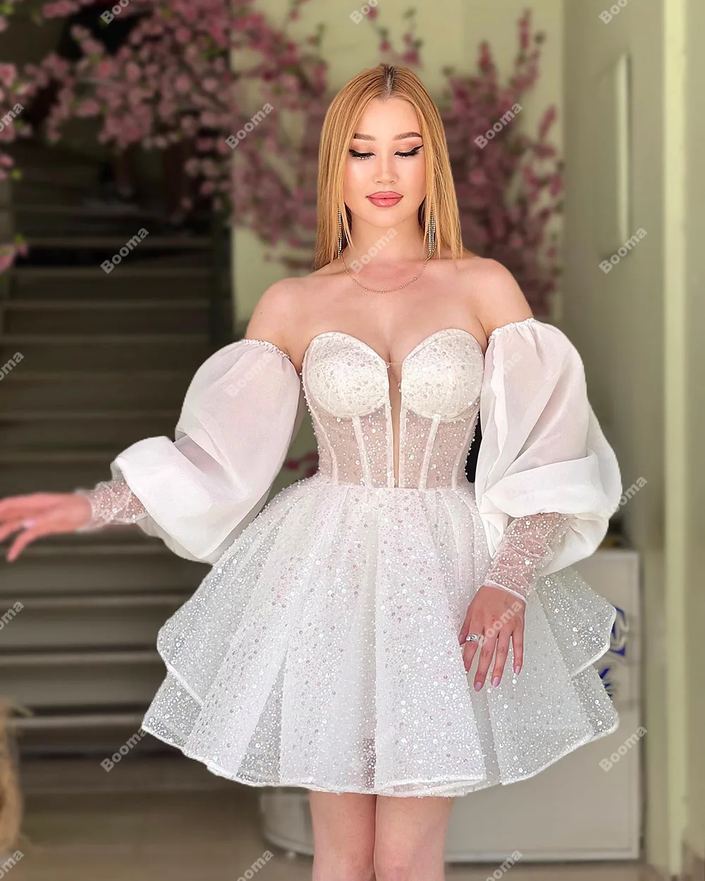 Booma-Mini Robe de Mariée à Paillettes pour Femme, Tenue de Soirée de Mariage Courte, Manches Bouffantes, Boule, Cocktail, 2023