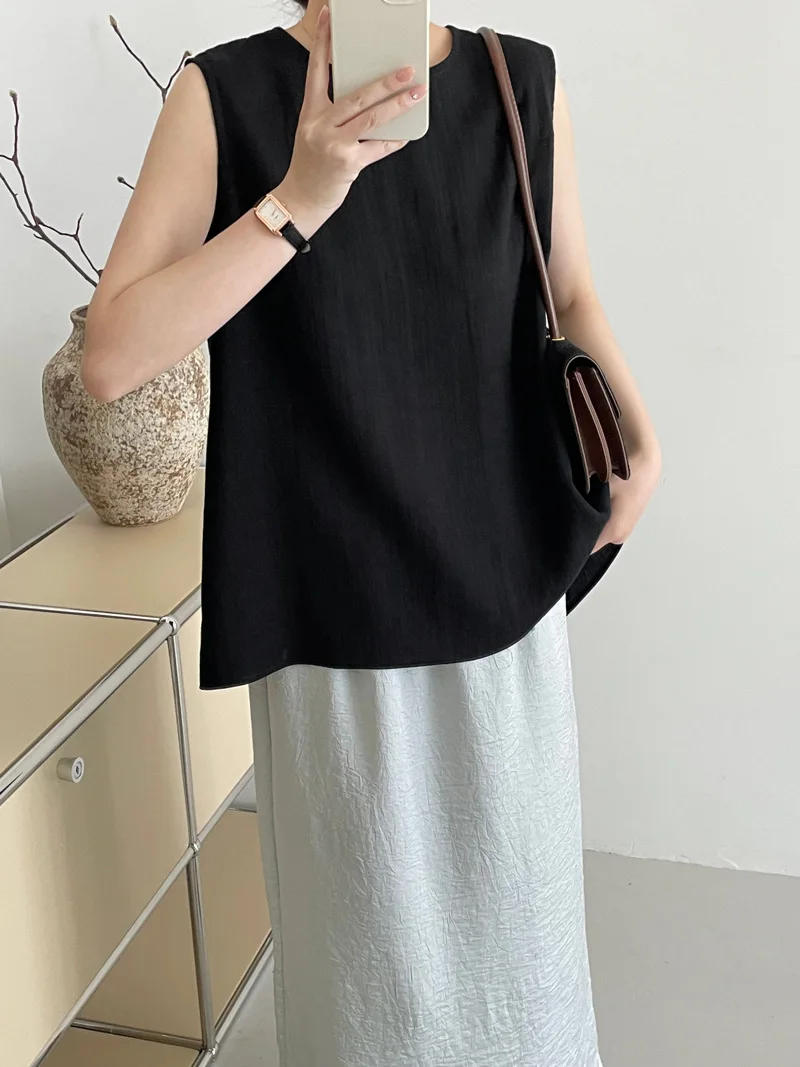 Summer Chic O-neck Sleeveless Blouse Women Back Split All-match Office Lady Shirts Lady Top Korean Solid Loose Casual Blusas