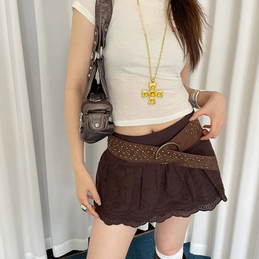 Elegant Rivet Cowgirl เข็มขัดหนังนิ่ม Y2K เข็มขัดกว้างปรับ Harajuku เข็มขัดหนัง PU ชุด