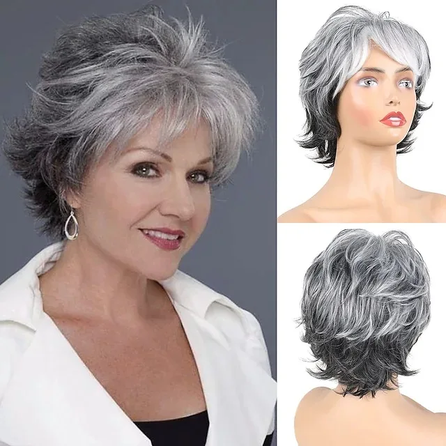 

Wigs Old man hair wig gradual change gray white wig hood,women's short roll chemical fiber hood Wig for middle-aged and elderly