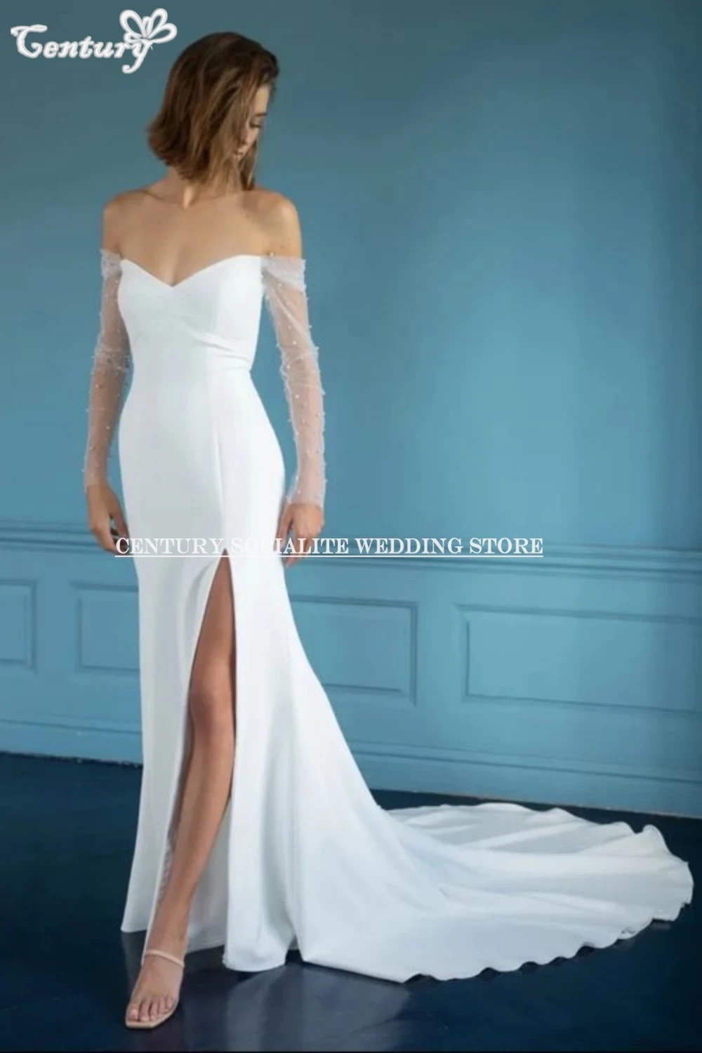 Vestido de novia con hombros descubiertos, vestidos de novia de sirena de manga larga con perlas y abertura lateral, vestidos de novia campestres personalizados