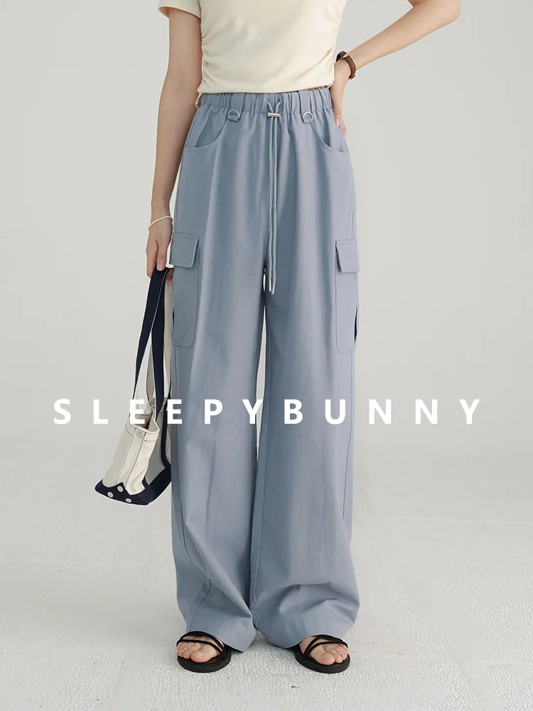 Women's High-Waist Cargo Pants Loose Fit Drawstring Wide-Leg Trousers Casual Vintage Straight-Leg Pants for Spring Summer