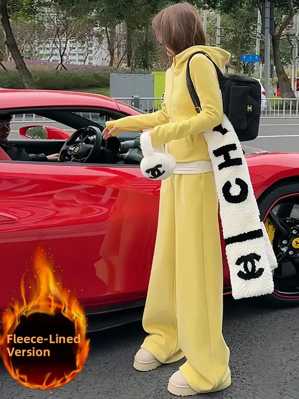 

Korean Style Anti-Aging Casual Sports Set Women's Winter Fleece Lined Yellow Jacket Top Wide Leg Pants Two Piece Set