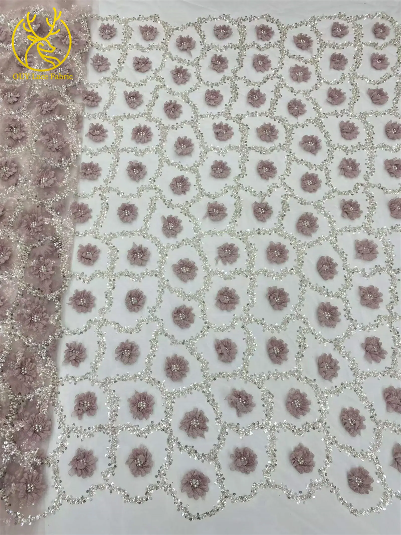 Elegantes Abendkleid 3D-Blumen-Spitzenstoff Afrikanischer Pailletten-Perlen-Spitzenstoff Hochwertiger Nigerianischer Französischer Tüll-Spitzenstoff – Detail 12
