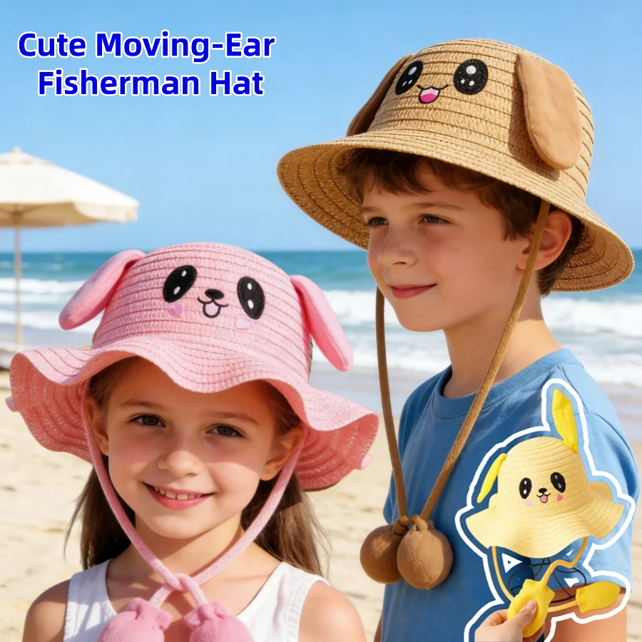 Suitable for Children Aged 2-8, the Rabbit Straw Hat That Moves When You Pinch the Ears Is a Cute Cartoon Sun Protection Hat for Boys and Girls, Breathable Sunshade Bucket Hat for Outings