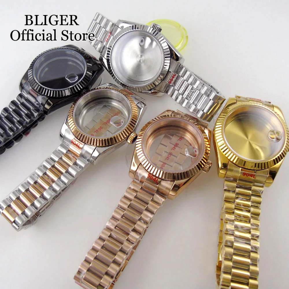 BLIGER 36MM 39MM Two Tone Rose Gold Watch Case Fluted Bezel Fit NH35A NH36A PT5000 Miyota 8215 Steel Bracelet Sapphire Glass