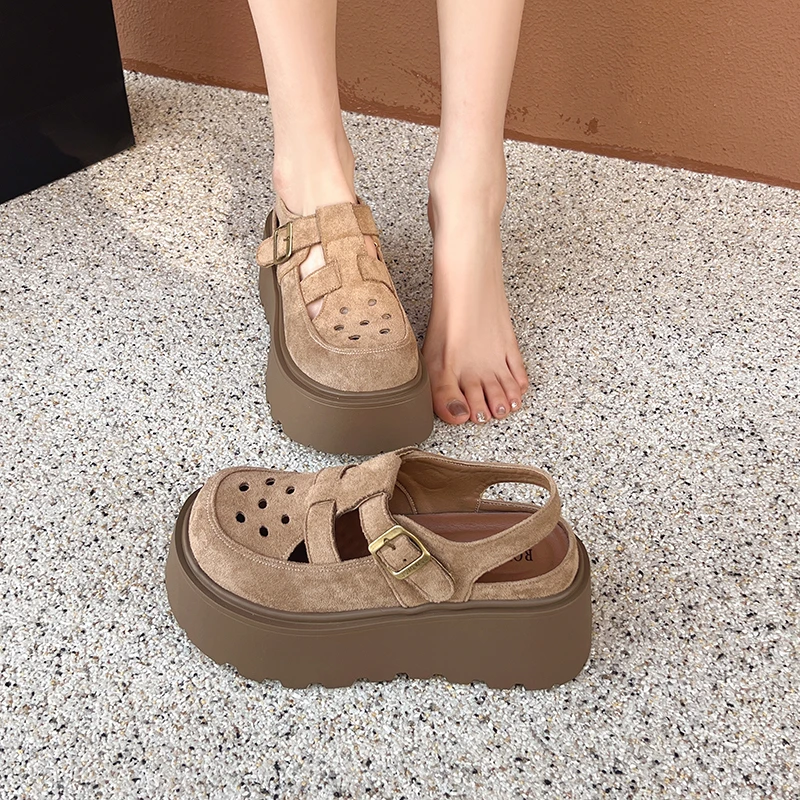 

Women's Fashion Sandals New Outer Hollow Breathable Baotou Buckle Roman Shoes Anti-slip 2025 High-heeled Thick-soled Women Shoes