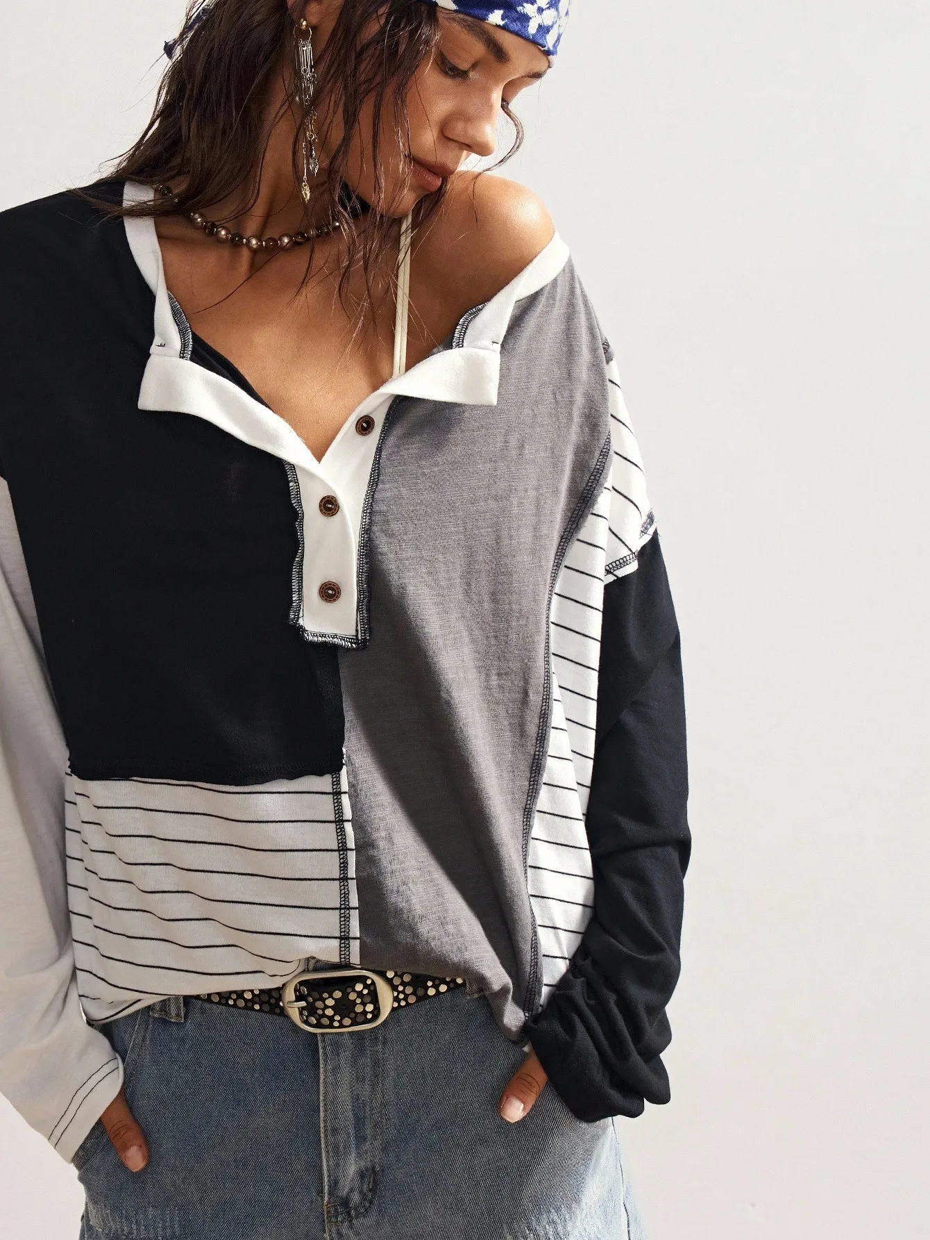 Patchwork Striped Button-Up Tee, Long Sleeve Casual Y2K, Autumn Winter Fall Top for Women