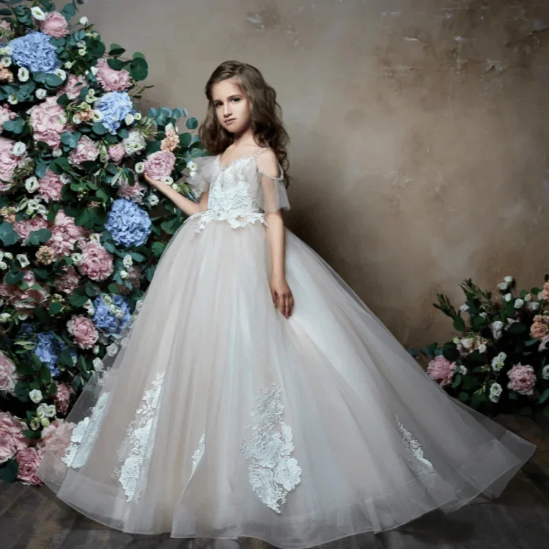 Boho Flower Girl Dresses for Wedding V Neck Applique Backless Floor Lenght Kids Birthday Party First Communion Ball Gown Custom