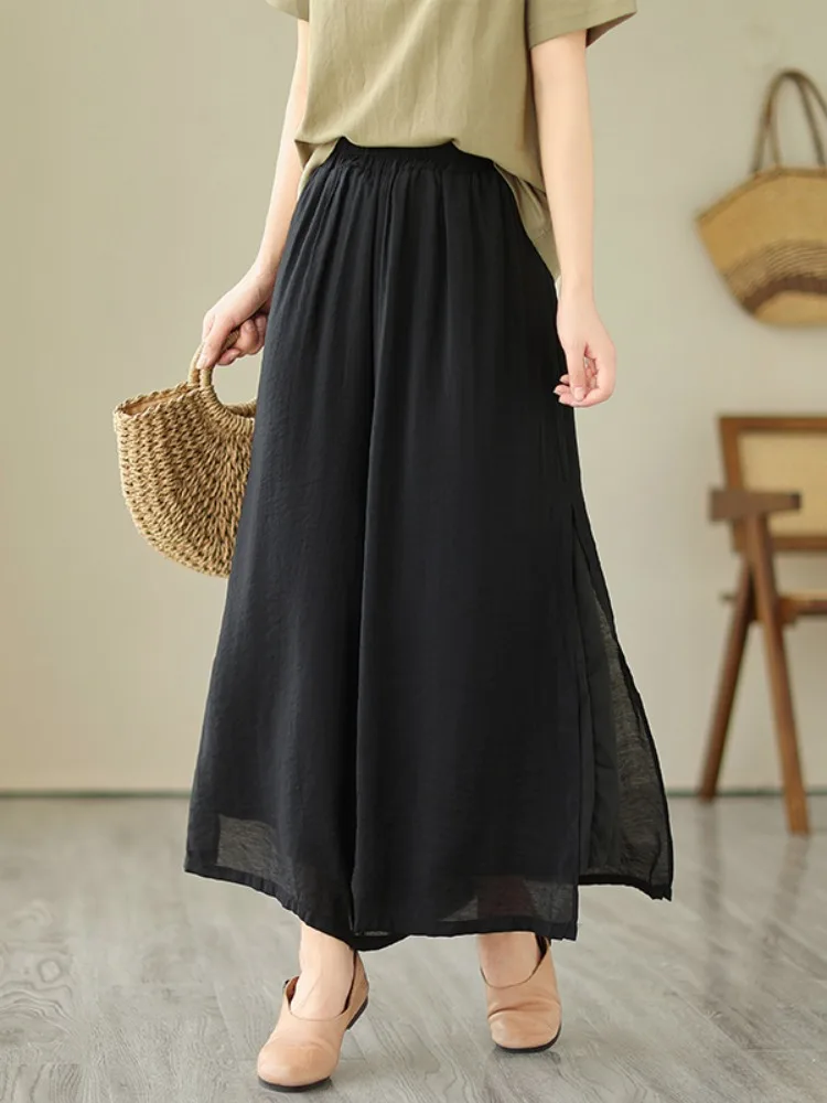 Ladies Thin Double Layer Wide Leg Pants Summer Dra Slimming Fairy Aosphere Long Pants  Linen Split Casual Skirt