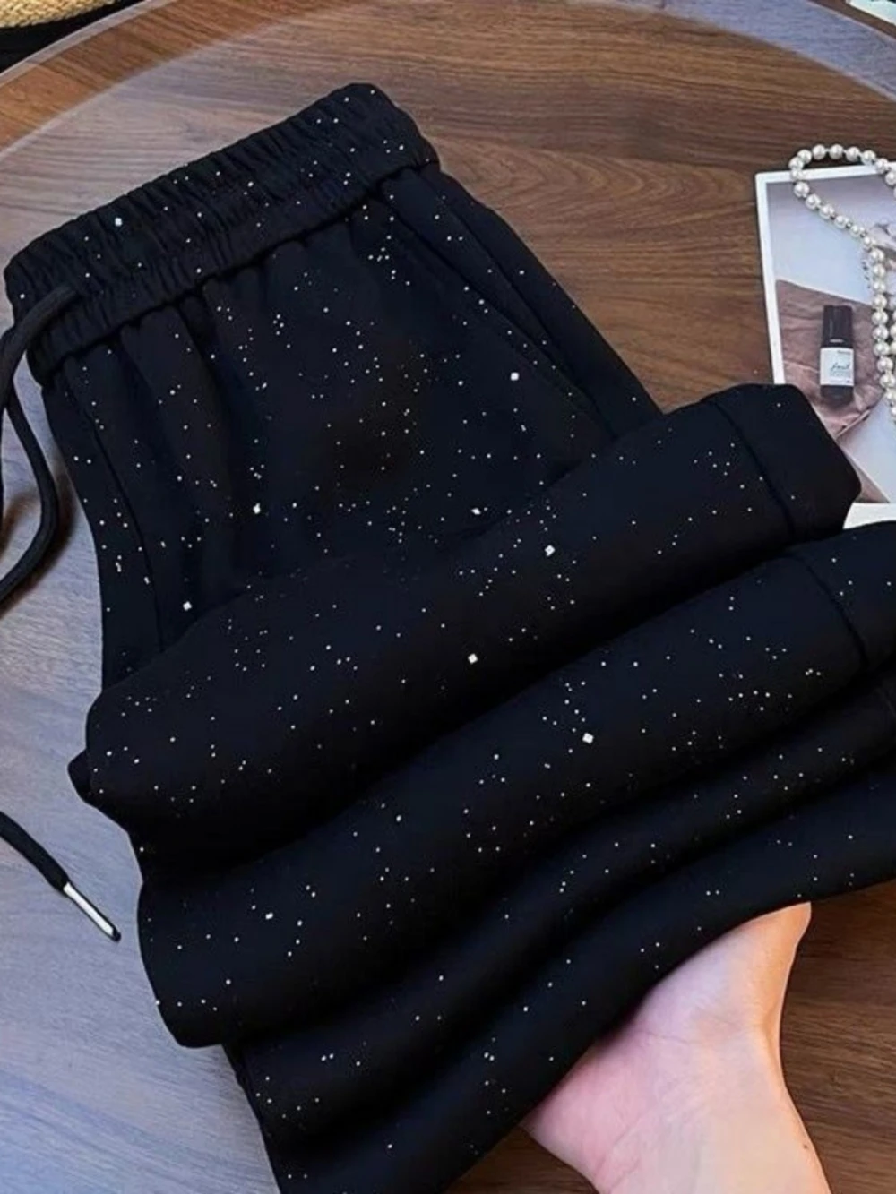 

Женские летние повседневные брюки больших размеров с широкими штанинами, украшенные стразами, тонкие, свободного кроя, длинные, в деловом стиле