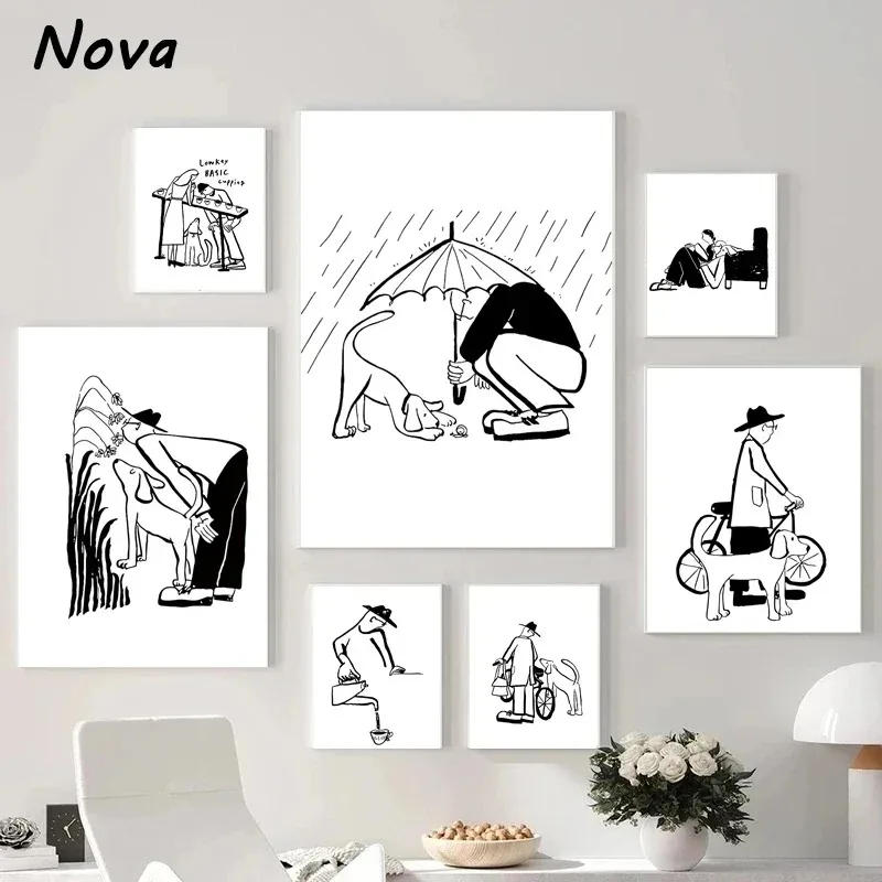 Modern Korean Black White My Lover and Dog Good Life Wall Art Canvas Painting Posters Picture for Living Room Home Decor