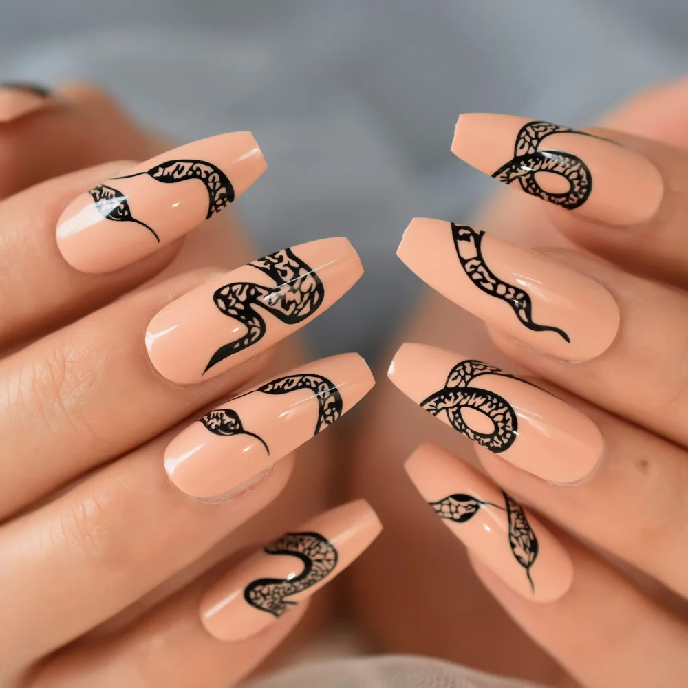 24pcs/set Punk Black Snake Pattern Nude French Press on False Nails Extra Long Coffin Ballerina Fingersnails Manicure Tools