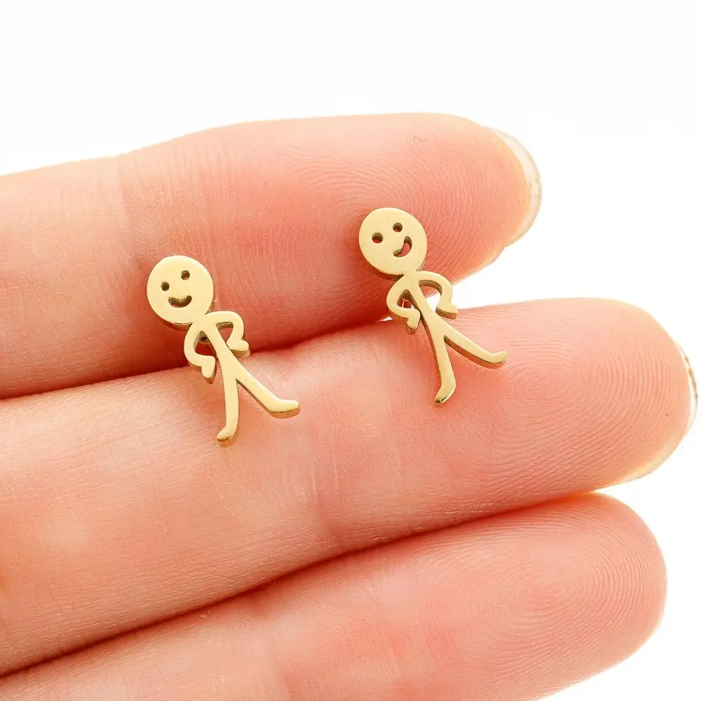 Jisensp 1 Pair Funny Cartoon Stick Figure Men Stud Earrings For Women Stainless Steel Jewelry Friend Gifts