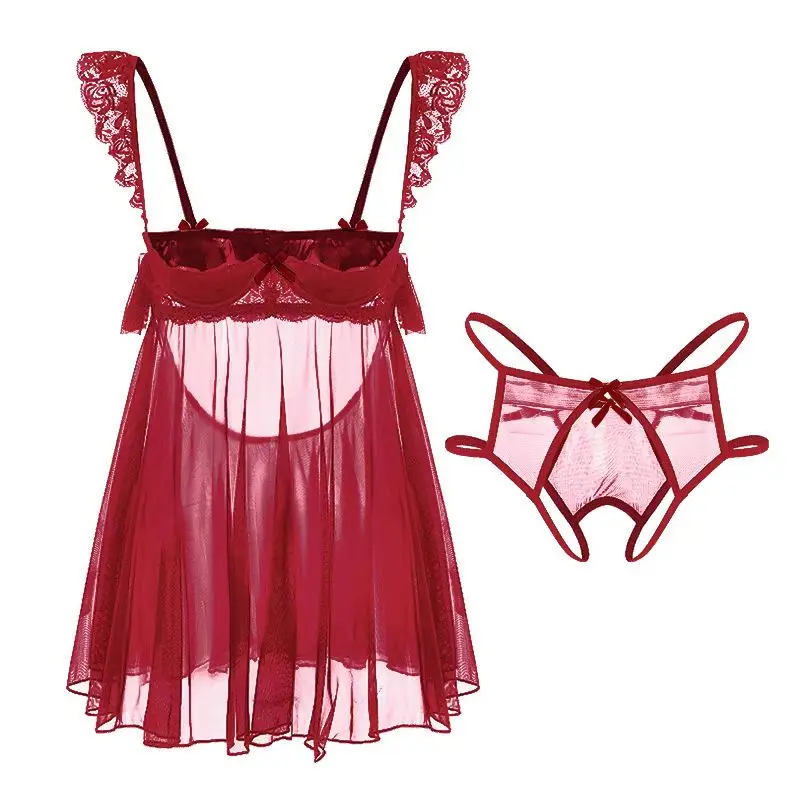 Erotic Lingerie Dress Female Temptation Babydoll Open Gear Free Crotch Sling Lace Nightgown Sexy See-through Nightdress 2025 New
