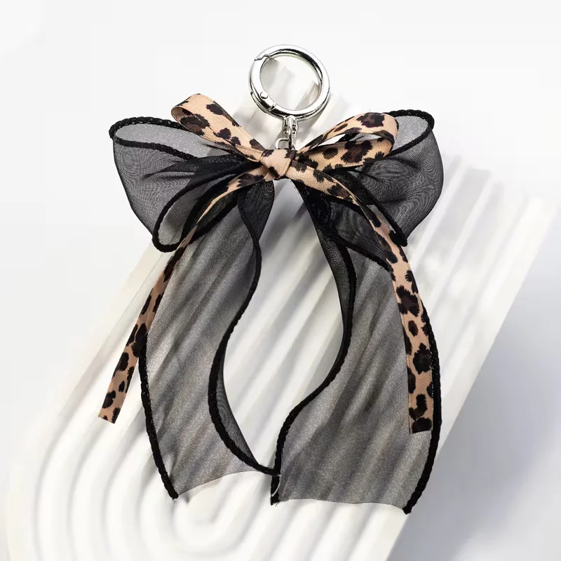 Leopard Print Bow Keychain Black Mesh Edge‑trimmed Bow Bag Charm Key Ring Bag Accessory