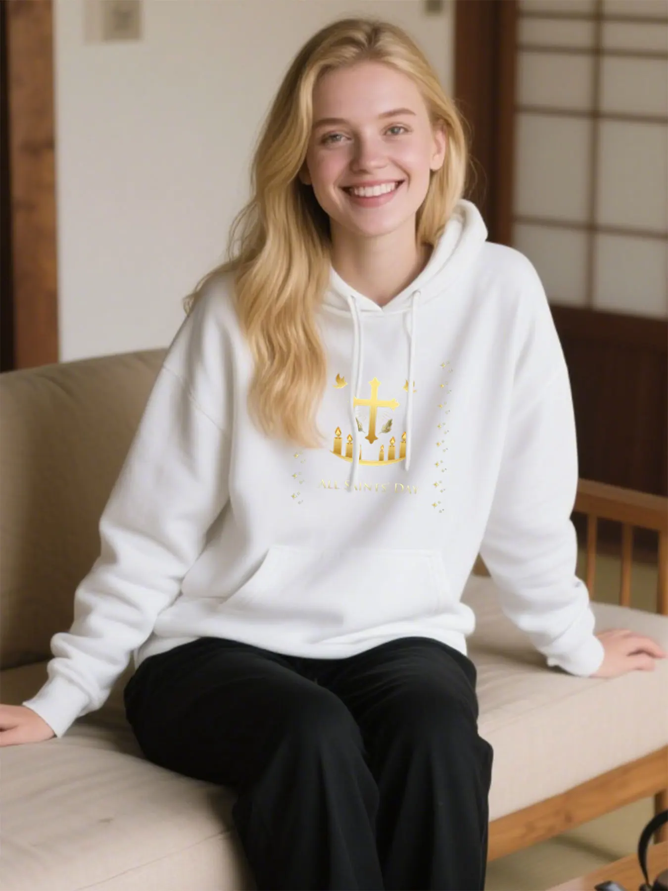 Moletom com capuz de algodão confortável com estampa de dia de Todos os Santos de pombas cruzadas para atividades ao ar livre de ação de graças