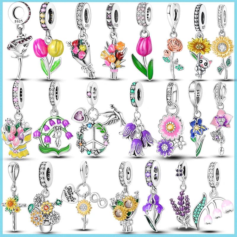 Brilliant Colorful Flower Charm Beads 925 Sterling Silver Bellflower Tulip Rose Dangle Fit Original Brand Bracelet DIY Jewelry