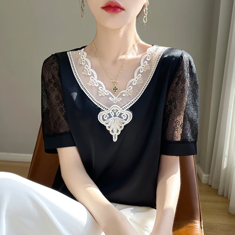 

Women's Short Sleeved Satin Loose T-Shirt Temperament Top Lace V-Neck Pullover Small Shirt Summer Large Versatile Korean Version