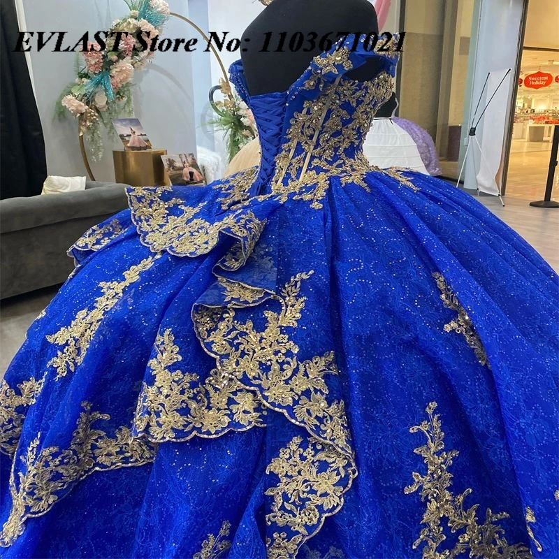 EVLAST Aangepaste Koningsblauwe Quinceanera Jurk Baljurk Gouden Kant Applique Kralen Tiered Sweet 16 Vestidos De XV 15 Anos SQ14