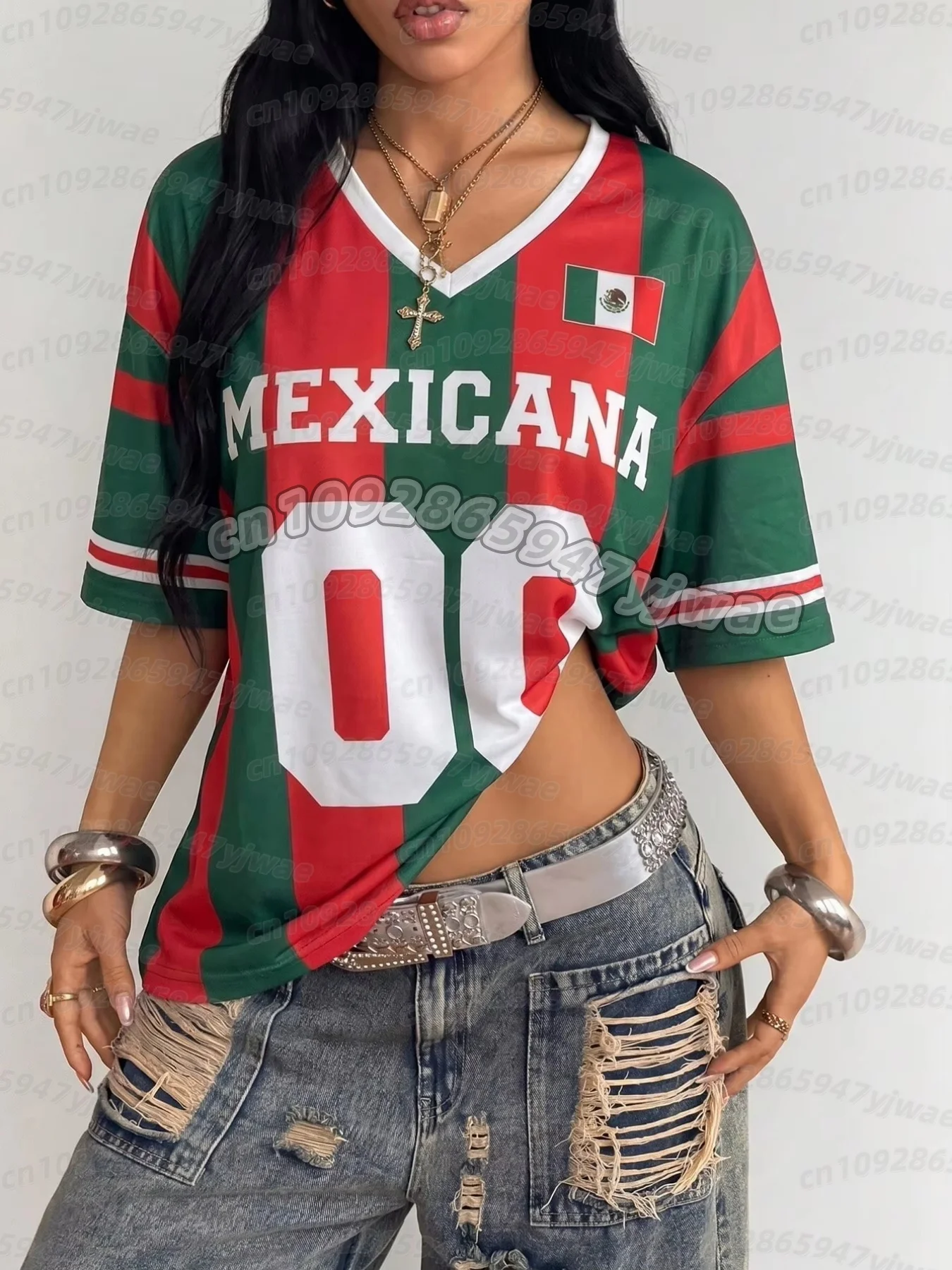 26 Mexico 23 Jersey T-Shirt Summer Women's V-Neck T-Shirt Mexico Football Fans T-Shirt Women's Men's Women Quick Drying T-Shirt