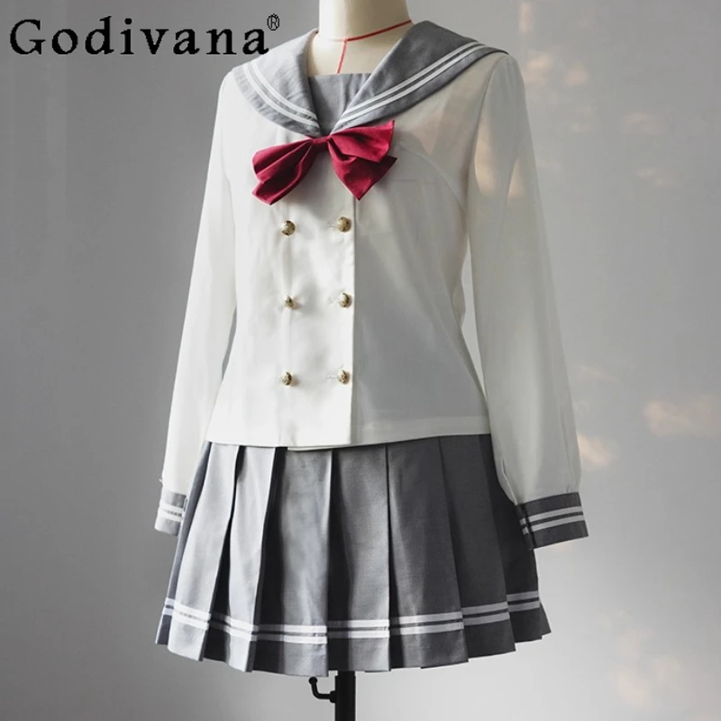 

Japanese JK Cosplay White Long Sleeve Navy Collar Loose Shirt Spring Summer Gray College Versatile Age-reducing Pleated Skirt