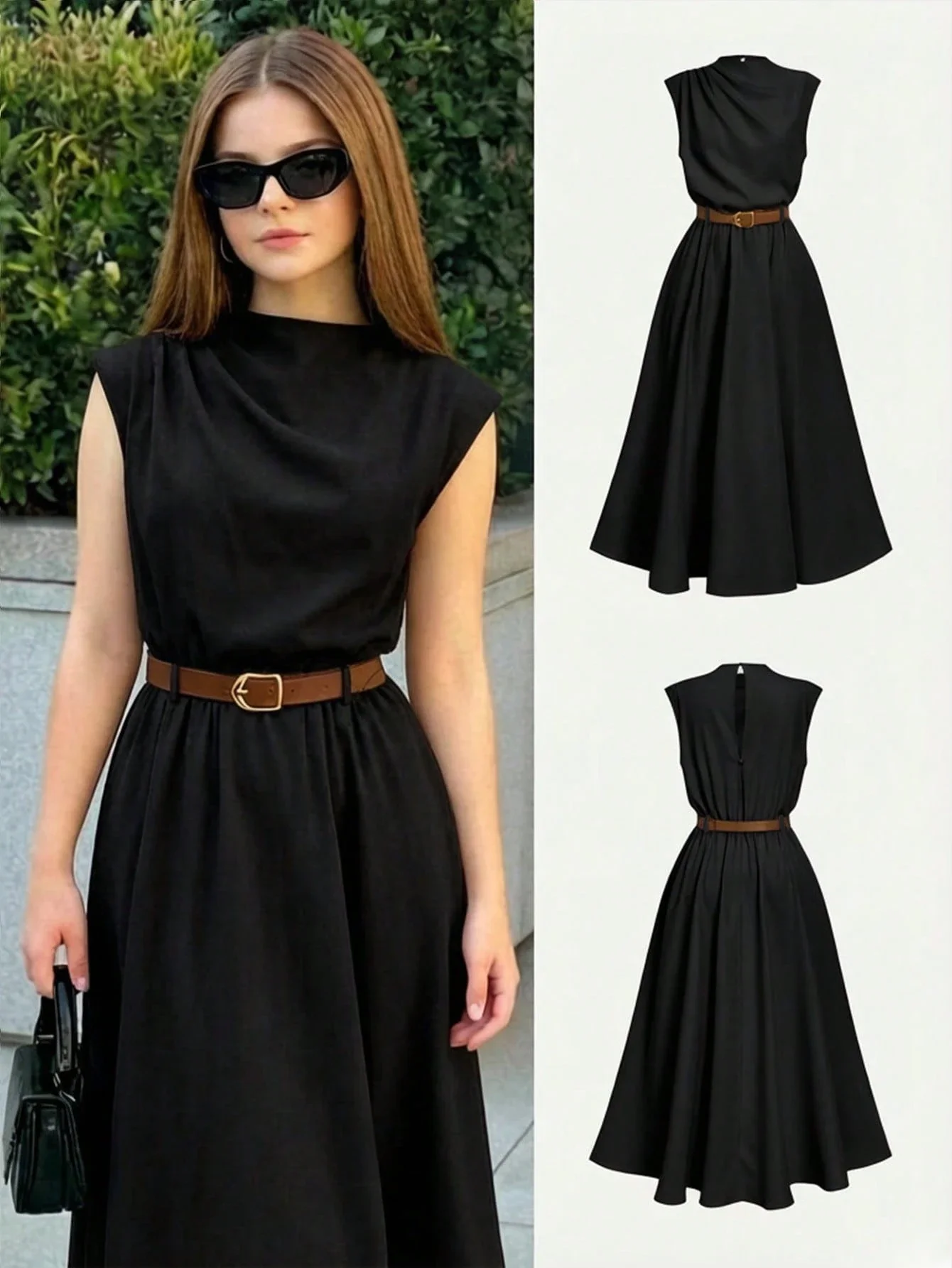 

Элегантное черное платье миди А-силуэта без рукавов с поясом