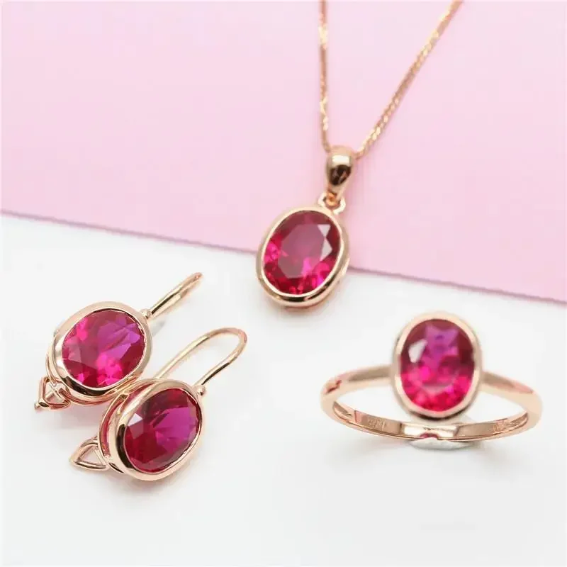 585 Purple Gold Simple Ruby Ladies Jewelry Set 14K Rose Gold Inlaid Oval Ring Earring Necklace Classic Glamour Party Jewelry