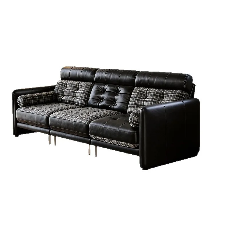 Retro style black leather art Bauhaus sofa, living room straight row color matching plaid high-end design small apartment