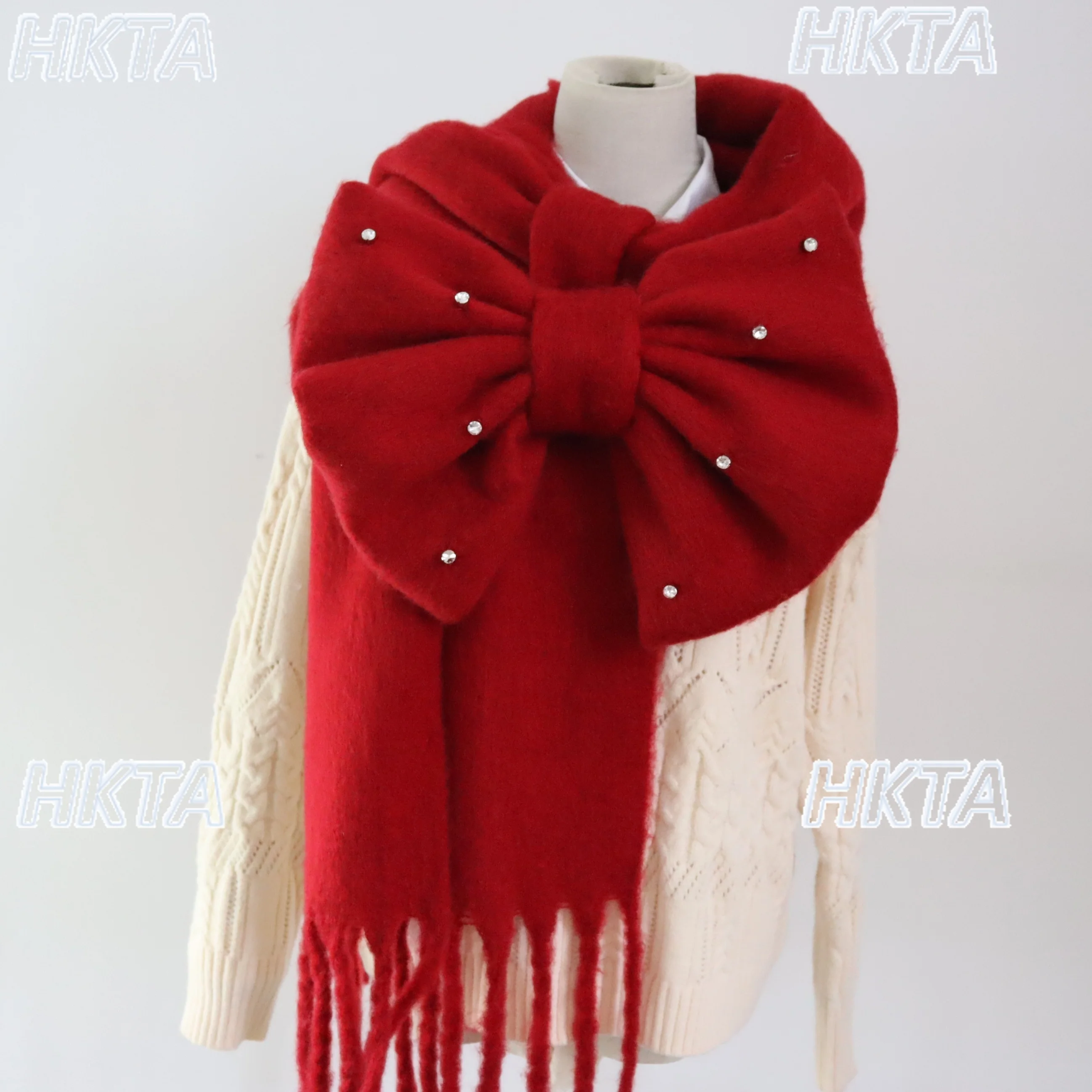 Bufanda de piel de hilo rojo grueso japonés para mujer, bufanda de invierno 2025, cálida y gruesa con agradable arco para niñas, bufandas de doble uso, chal